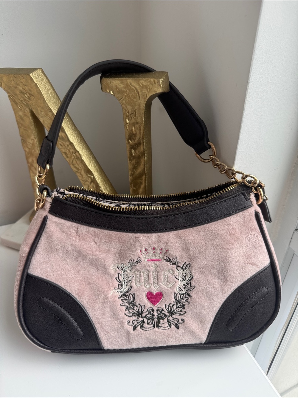 Juicy Couture Pink Suede and Black Trim Shoulder Bag